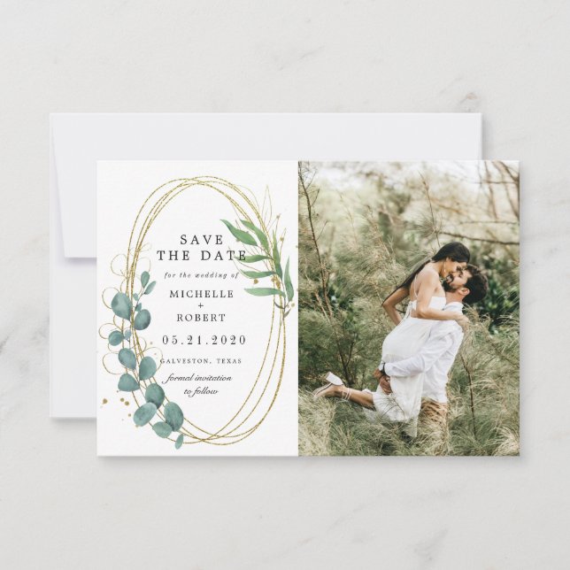 gold eucalyptus greenery two Photo Save The Date  Invitation (Front)