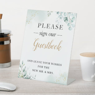 Gold Eucalyptus Leaves Greenery Wedding Guestbook Pedestal Sign