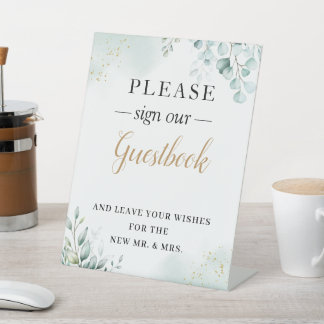 Gold Eucalyptus Leaves Greenery Wedding Guestbook Pedestal Sign