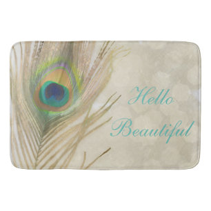 Gold Exotic Peacock Feather Glam Elegant Chic Bath Mat