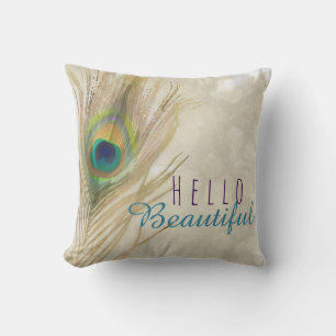 Gold Exotic Peacock Feather Glam Elegant Chic Throw Pillow