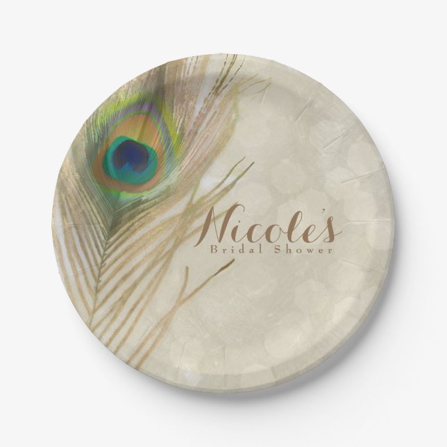 Gold Exotic Peacock Feather Glam Elegant Party Paper Plate (Front)