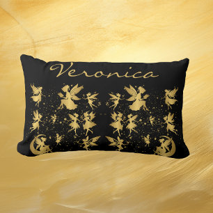Gold Fairies with Pixie Dust on Black Monogram   Lumbar Pillow
