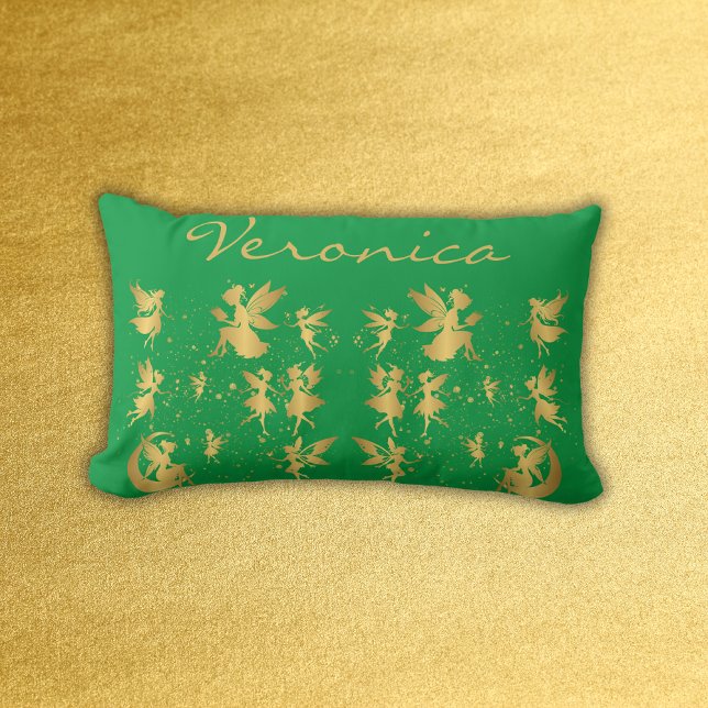 Gold Fairies with Pixie Dust on Green Monogram | Lumbar Pillow (Creator Uploaded)