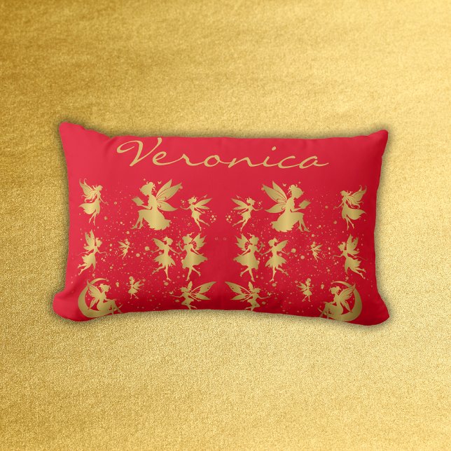 Gold Fairies with Pixie Dust on Red Monogram | Lumbar Pillow (Creator Uploaded)