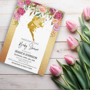 Gold Fairy Baby Shower Pink Floral Invitation