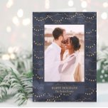 Gold Fairy Lights | Elegant One Photo Holiday Card<br><div class="desc">This modern card features a rich,  dark blue background with elegant faux gold fairy lights,  and your favourite personal photo in the centre.</div>