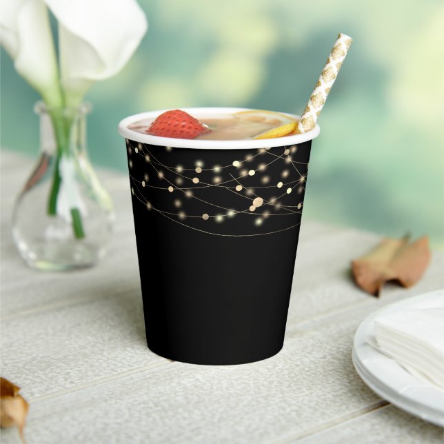 Gold Fairy String Lights Black Paper Cups (Insitu)