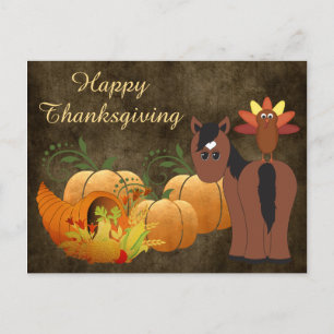 Gold Fall Cute Brown Horse and Turkey Thanksgiving Holiday Postcard