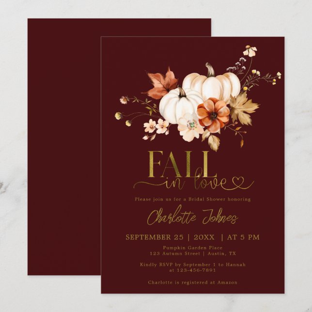Gold Fall In Love Burgundy Pumpkin Bridal Shower Invitation (Front/Back)