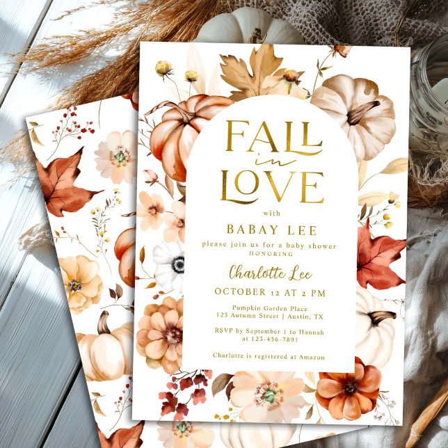 Gold Fall in Love Floral Arch Pumpkin Baby Shower Invitation (Creator Uploaded)