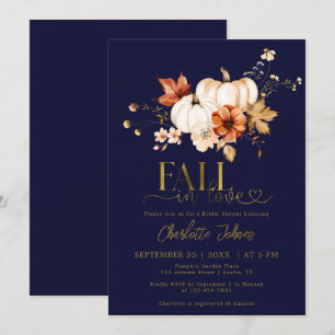 Gold Fall In Love Navy Cream Pumpkin Bridal Shower Invitation