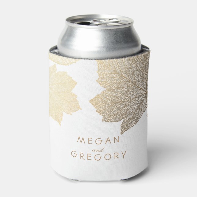 Gold Fall Leaves White Rustic Wedding Can Cooler (Can Front)