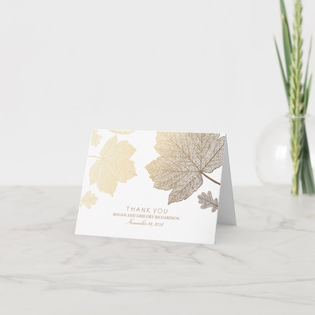 Gold Fall Leaves White Wedding Thank You (Front)