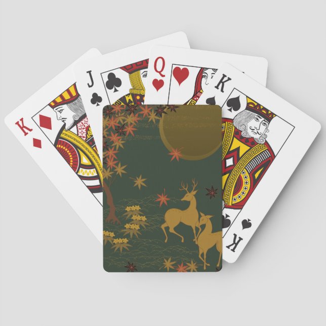 Gold Fall Moon Rustic Forest Nature Deer Playing Cards (Back)