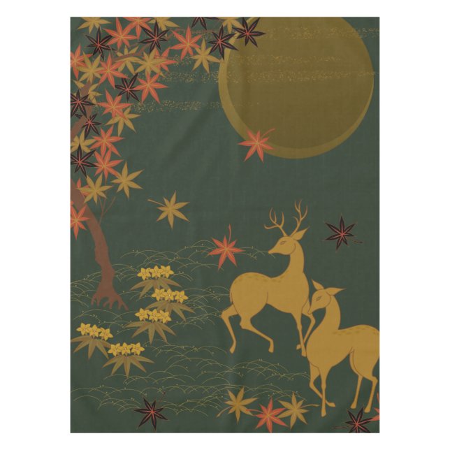 Gold Fall Moon Rustic Forest Nature Deer Tablecloth (Front)