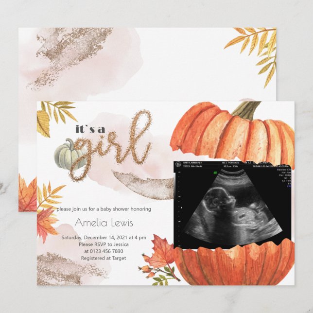 Gold Fall Pumpkin It's A Girl Baby Shower Invitation (Front/Back)