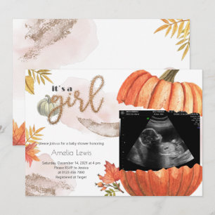 Gold Fall Pumpkin It's A Girl Baby Shower Invitation