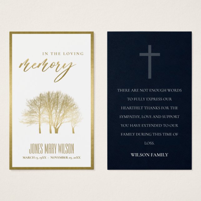 GOLD FALL TREE SYMPATHY MEMORIAL THANK YOU CARD (Front & Back)