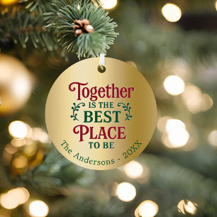 Gold family together quote typography Christmas Metal Ornament