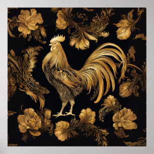 Gold Farmhouse rooster on black.  Poster