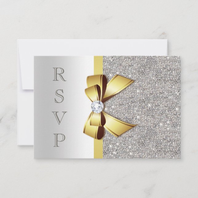Gold Faux Bow Silver Sequins Diamonds RSVP Card (Front)
