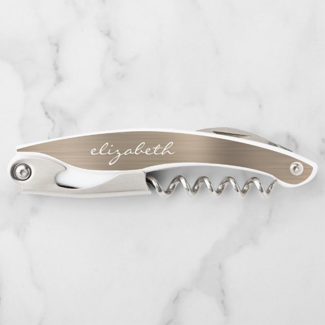 Gold Faux Brushed Metal Personalized Script Corkscrew (Front)