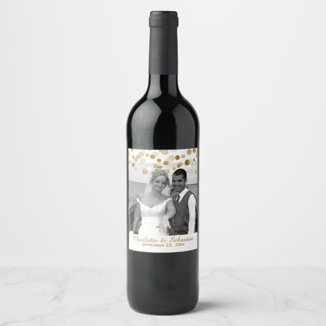 Gold Faux Dots Personalized Custom Wedding Wine Label (Front)