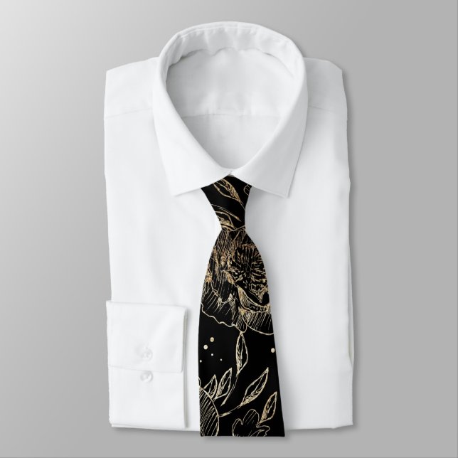 Gold Faux Elegant Black Florals Wedding Tie (Tied)