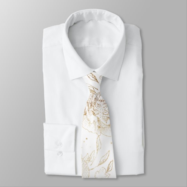 Gold Faux Elegant Hand Drawn Florals Wedding Tie (Tied)
