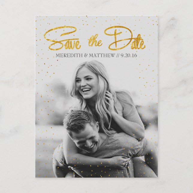 Gold Faux Foil Confetti Save the Date Postcard (Front)