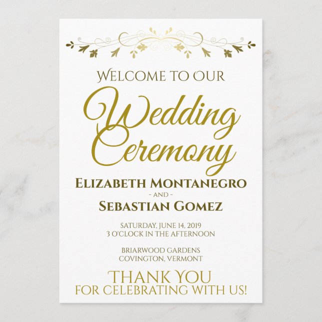 Gold Faux Foil Élégant programme de mariage (Devant)