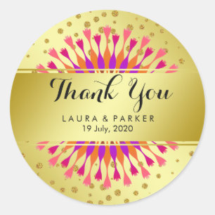 Gold Faux Foil Glitter Thank You Wedding Floral Classic Round Sticker