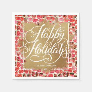 Gold Faux Foil Happy Holidays Berry Napkin