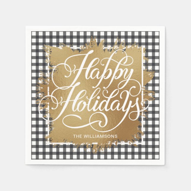 Gold Faux Foil Happy Holidays Black Check Napkin (Front)