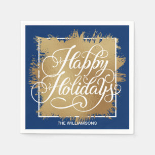 Gold Faux Foil Happy Holidays Blue Napkin