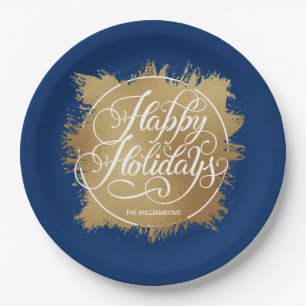 Gold Faux Foil Happy Holidays Blue Paper Plate