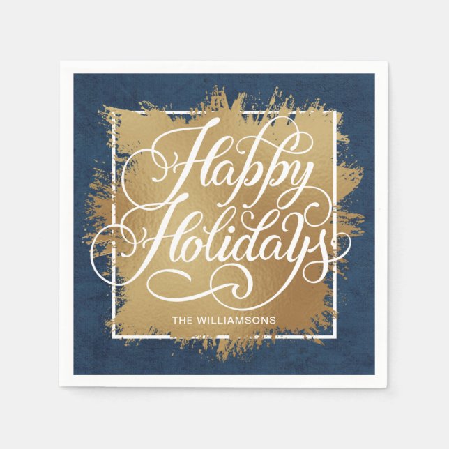 Gold Faux Foil Happy Holidays Denim Blue Napkin (Front)