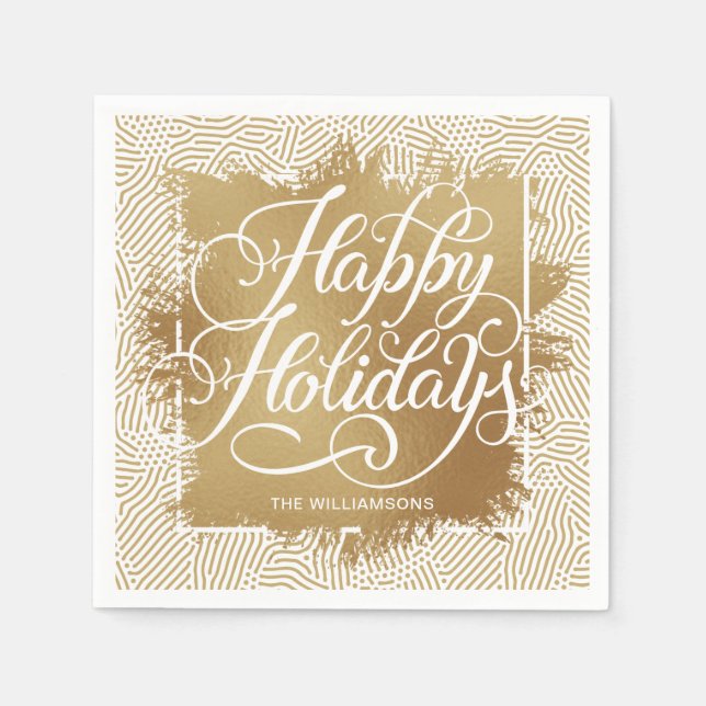 Gold Faux Foil Happy Holidays Modern Napkin (Front)