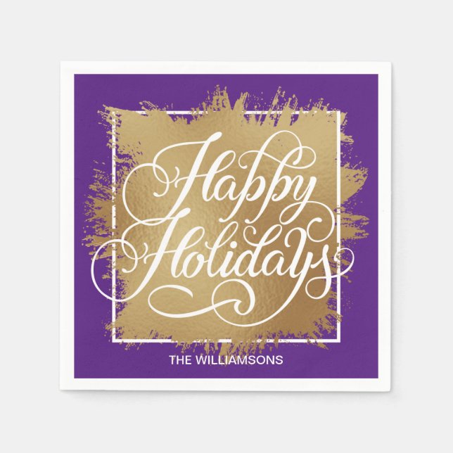 Gold Faux Foil Happy Holidays Purple Napkin (Front)