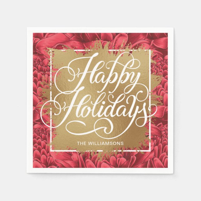 Gold Faux Foil Happy Holidays Red Floral  Napkin (Front)