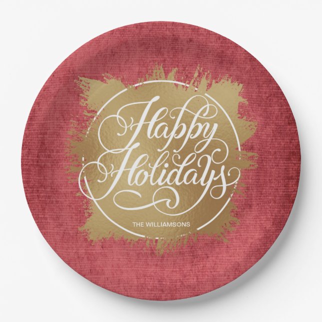 Gold Faux Foil Happy Holidays Red Paper Plate (Front)