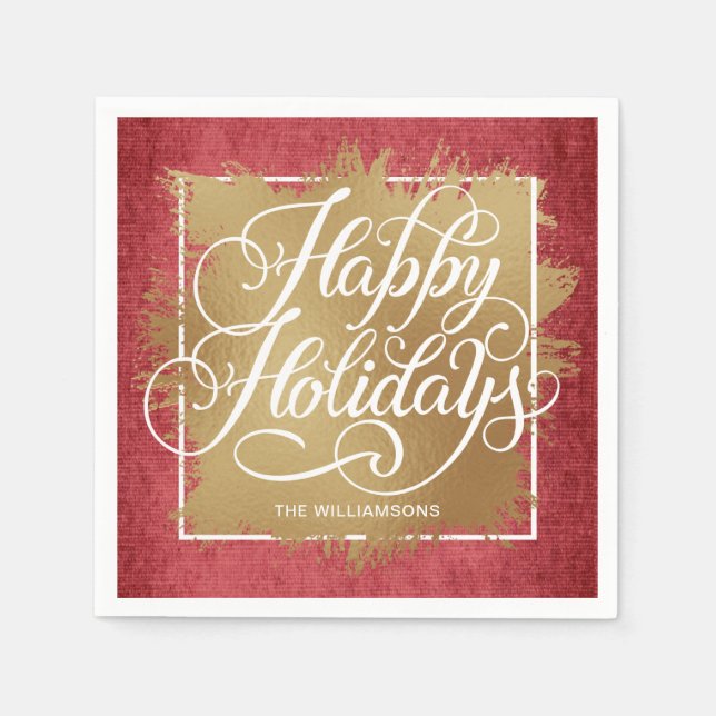 Gold Faux Foil Happy Holidays Red Pattern Napkin (Front)