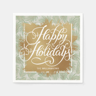 Gold Faux Foil Happy Holidays Sage Palms Napkin