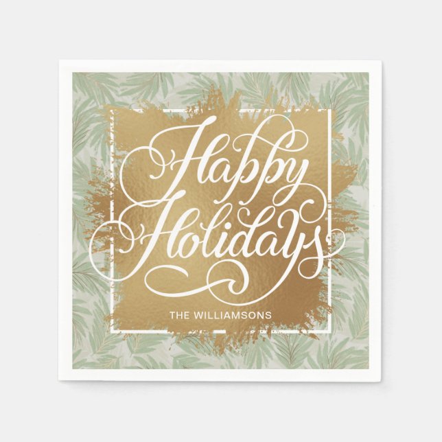 Gold Faux Foil Happy Holidays Sage Palms Napkin (Front)