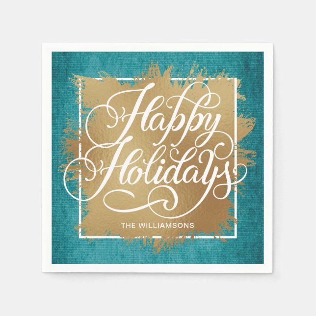 Gold Faux Foil Happy Holidays Turquoise Pattern Napkin (Front)