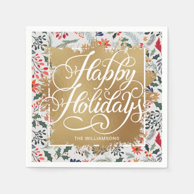 Gold Faux Foil Happy Holidays Winter Flowers Napkin (Front)