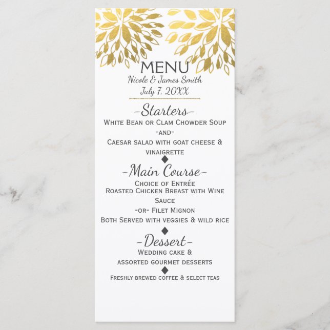 Gold Faux Foil Look Fleurs modernes Menu Floral (Devant)