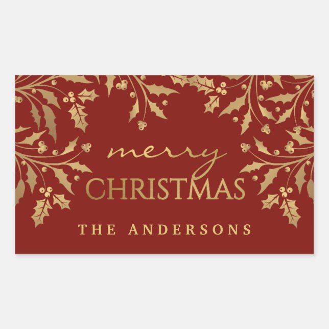Gold Faux Foil Merry Christmas Holly Branches Sticker (Front)