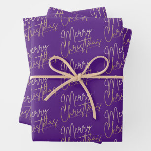 Gold Faux Foil Merry Christmas on Purple Wrapping Paper Sheet